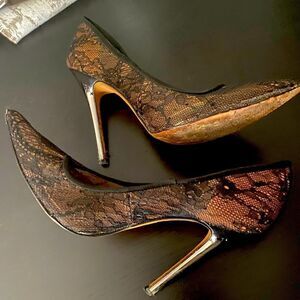 BCBG Max Azria- Leather Lace pointed toe black heels 7.5